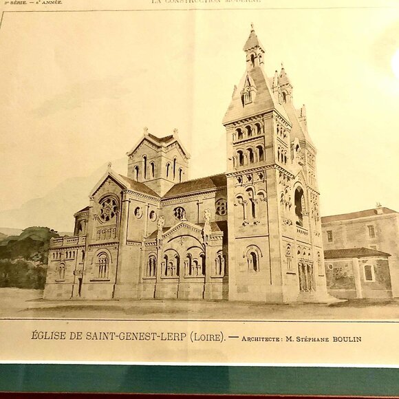 2 Framed ANTIQUE FRENCH ARCHITECTURE PRINTS ChurchSaint Genest-Lerp Loire Valley - Picture 4 of 9